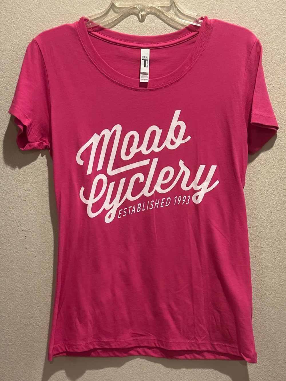 Women's Moab Cyclery Hot Pink Logo Tee, Size L (Fits like Medium)